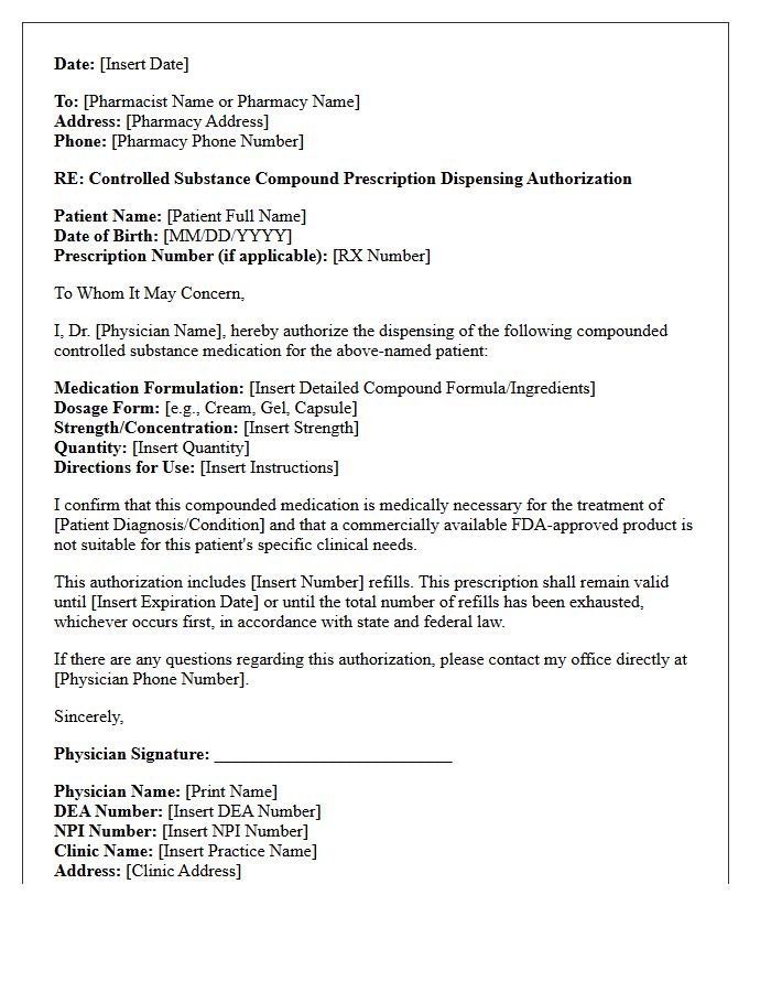 Controlled Substance Compound Prescription Dispensing Authorization Letter