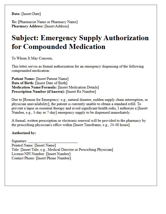 Emergency Supply Compound Prescription Dispensing Authorization Letter