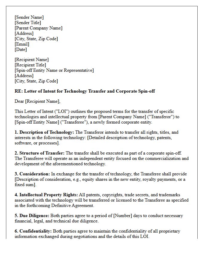 Letter Of Intent For Corporate Spin-Off Technology Transfer