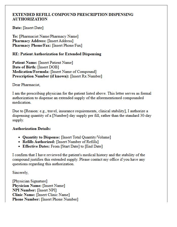 Extended Refill Compound Prescription Dispensing Authorization Letter