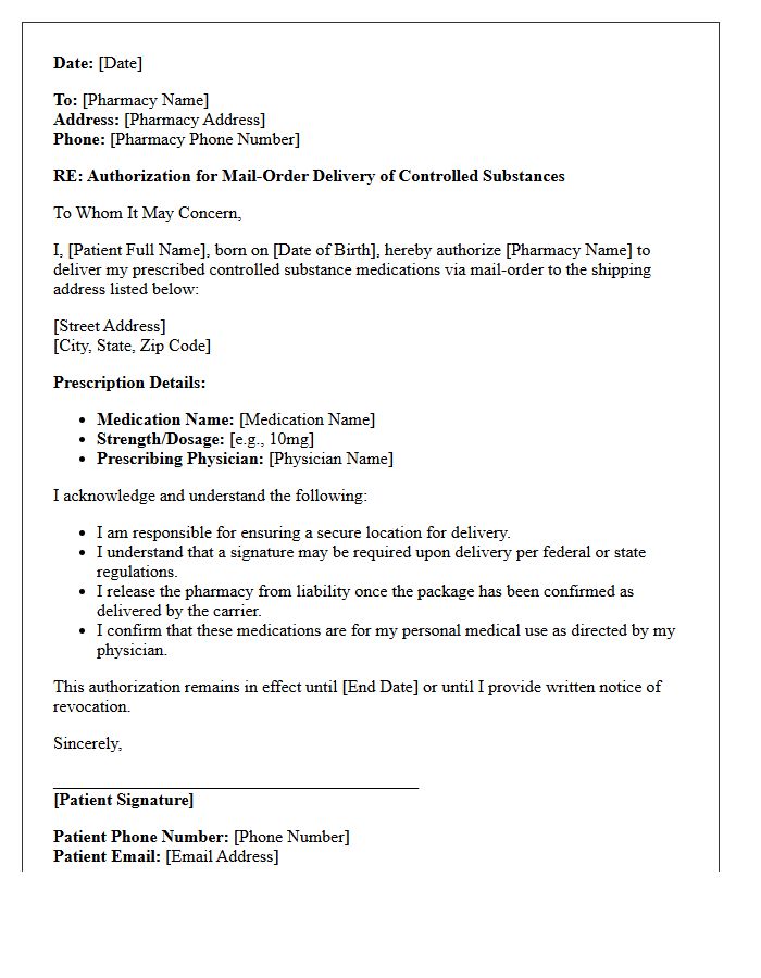 Controlled Substance Mail-Order Pharmacy Prescription Delivery Authorization Letter