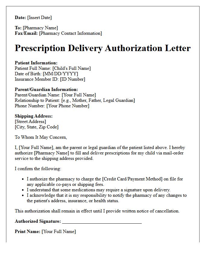 Pediatric Patient Mail-Order Pharmacy Prescription Delivery Authorization Letter