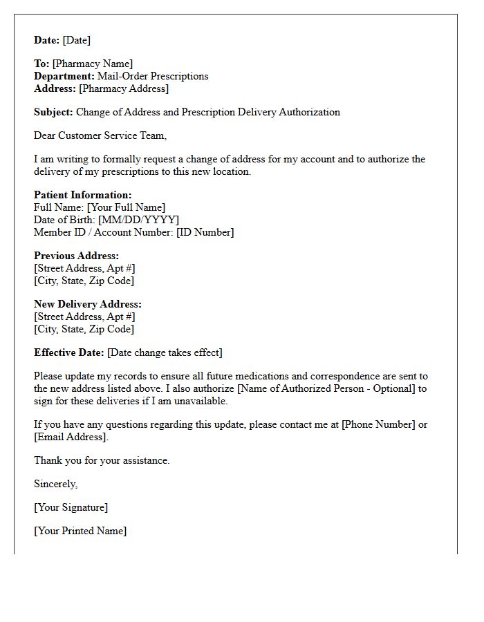 Change of Address Mail-Order Pharmacy Prescription Delivery Authorization Letter