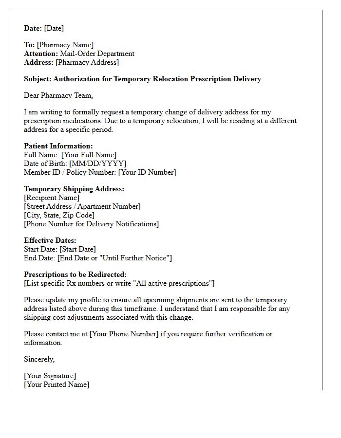 Temporary Relocation Mail-Order Pharmacy Prescription Delivery Authorization Letter