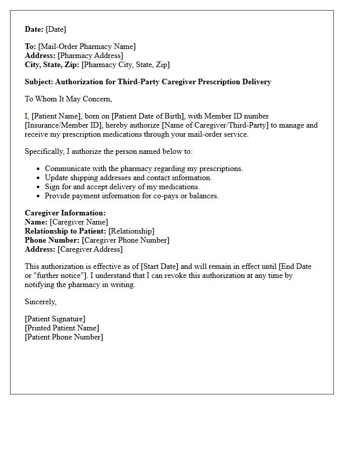Third-Party Caregiver Mail-Order Pharmacy Prescription Delivery Authorization Letter