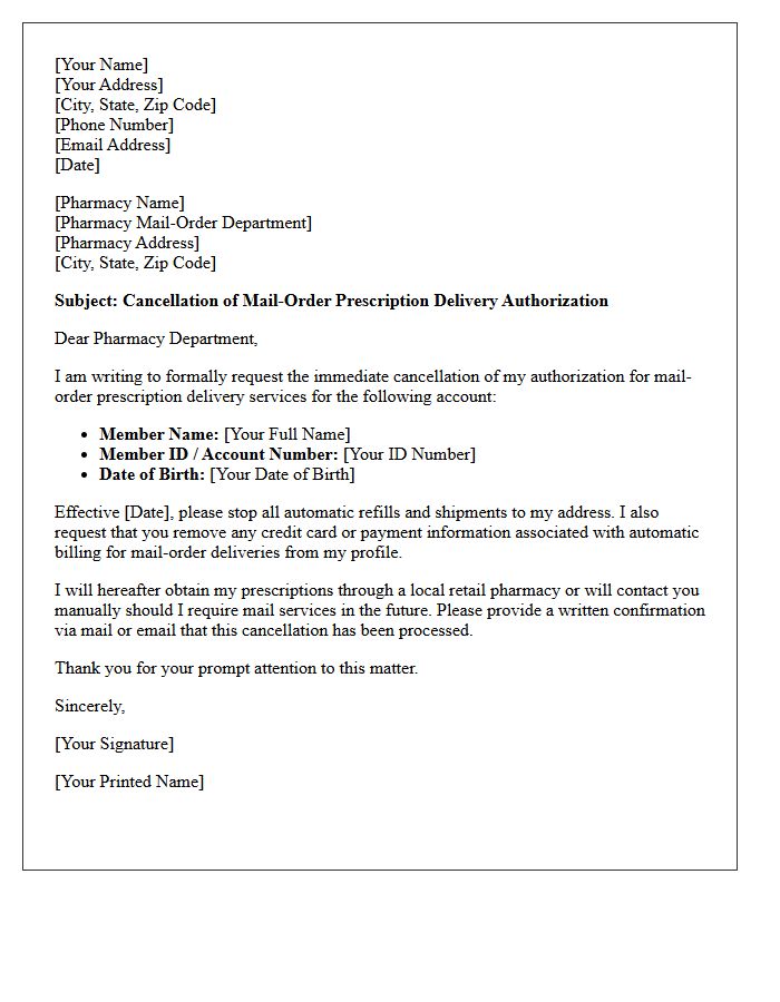 Cancellation of Mail-Order Pharmacy Prescription Delivery Authorization Letter
