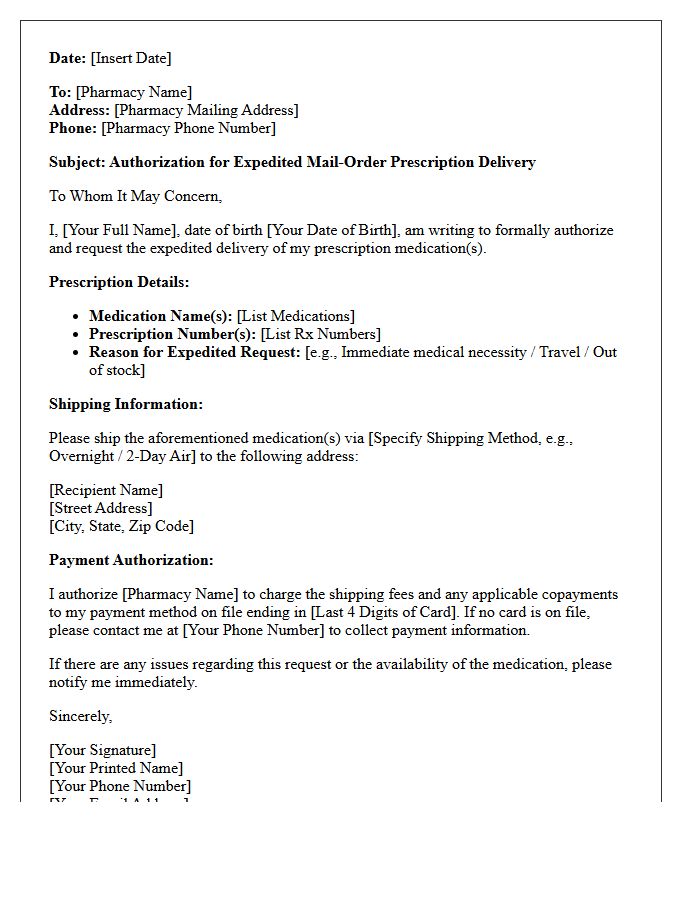 Expedited Mail-Order Pharmacy Prescription Delivery Authorization Letter