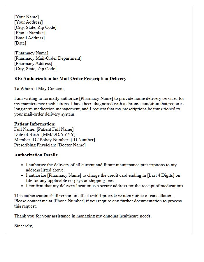 Chronic Illness Maintenance Mail-Order Pharmacy Prescription Delivery Authorization Letter