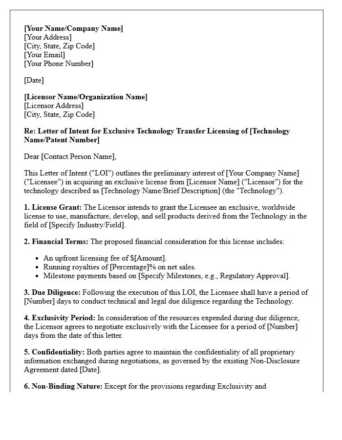 Letter Of Intent For Exclusive Technology Transfer Licensing