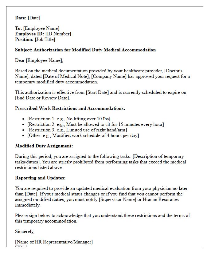 Modified Duty Medical Accommodation Prescription Authorization Letter