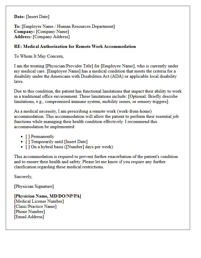 Remote Work Medical Accommodation Prescription Authorization Letter