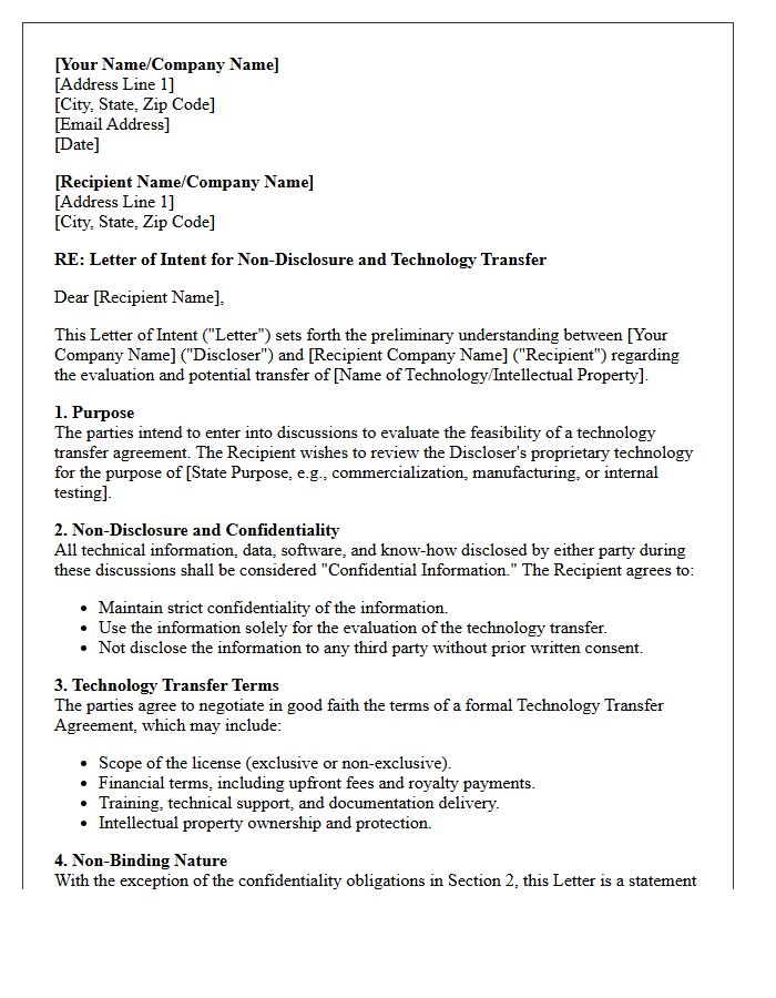 Letter Of Intent For Non-Disclosure And Technology Transfer