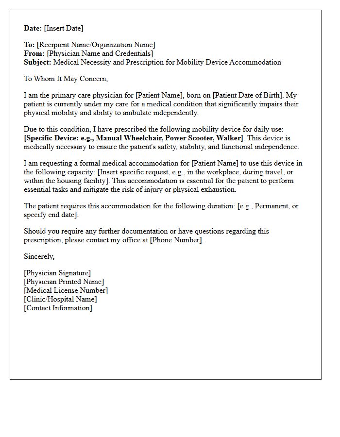 Mobility Device Medical Accommodation Prescription Authorization Letter