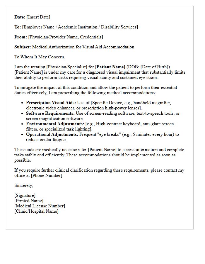 Visual Aid Medical Accommodation Prescription Authorization Letter