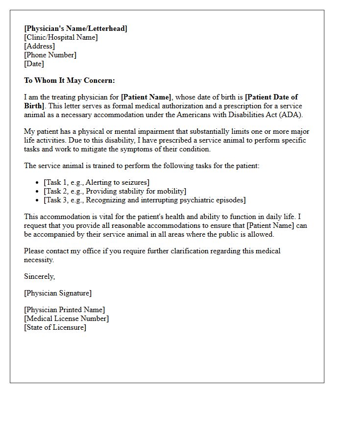 Service Animal Medical Accommodation Prescription Authorization Letter