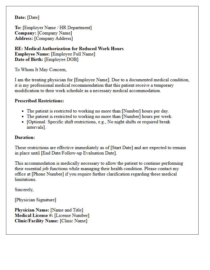 Reduced Hours Medical Accommodation Prescription Authorization Letter