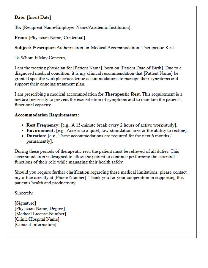 Therapeutic Rest Medical Accommodation Prescription Authorization Letter