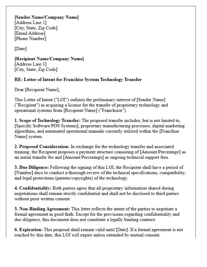 Letter Of Intent For Franchise System Technology Transfer