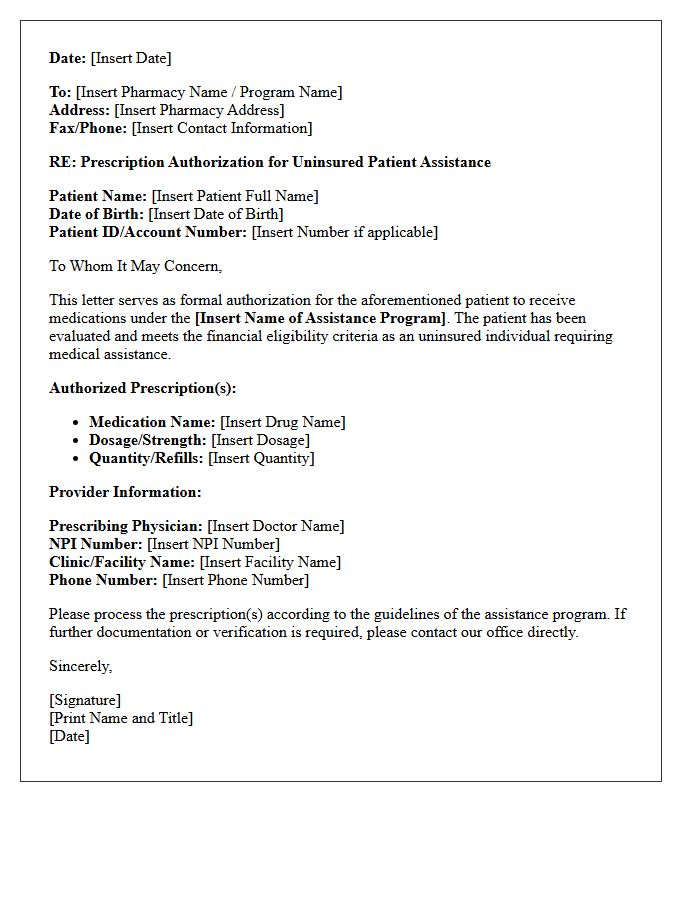 Uninsured Patient Assistance Program Prescription Authorization Letter