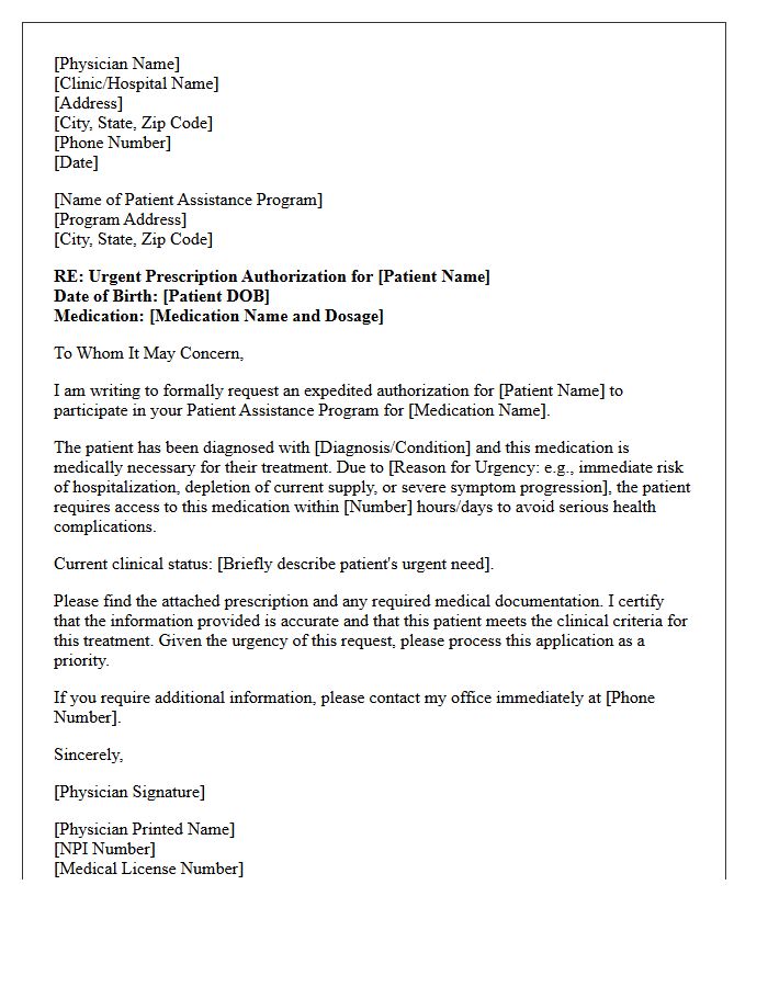 Urgent Need Patient Assistance Program Prescription Authorization Letter