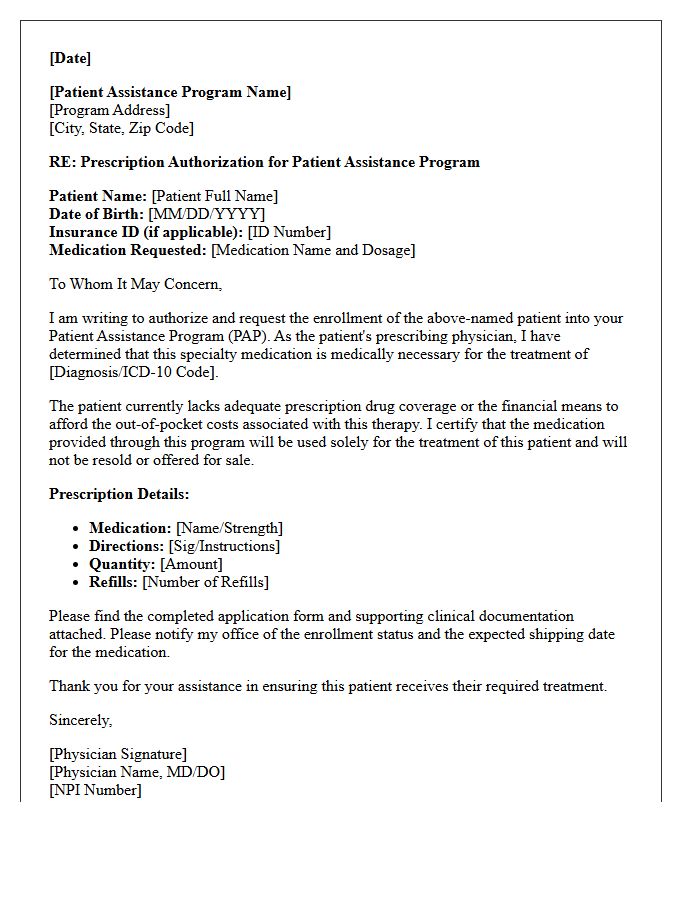 Specialty Medication Patient Assistance Program Prescription Authorization Letter
