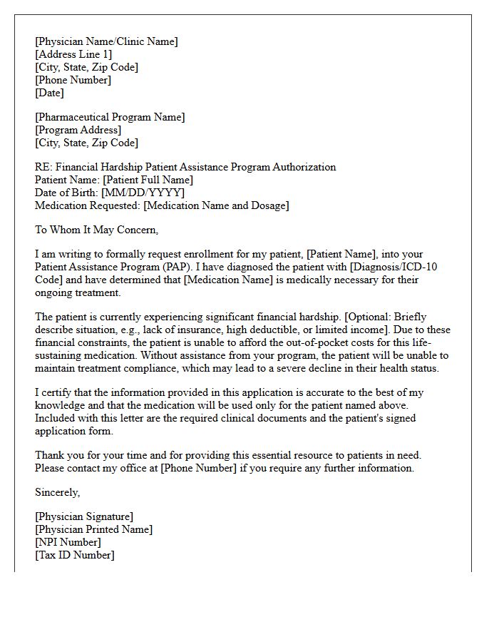 Financial Hardship Patient Assistance Program Prescription Authorization Letter