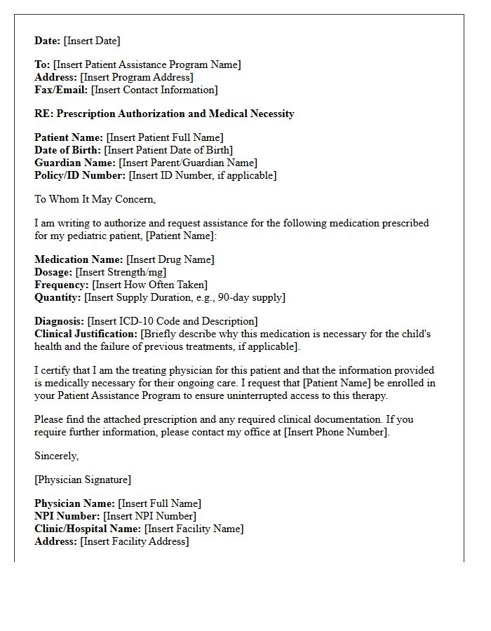 Pediatric Patient Assistance Program Prescription Authorization Letter
