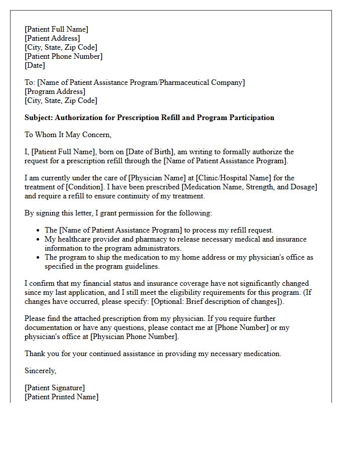 Prescription Refill Patient Assistance Program Authorization Letter