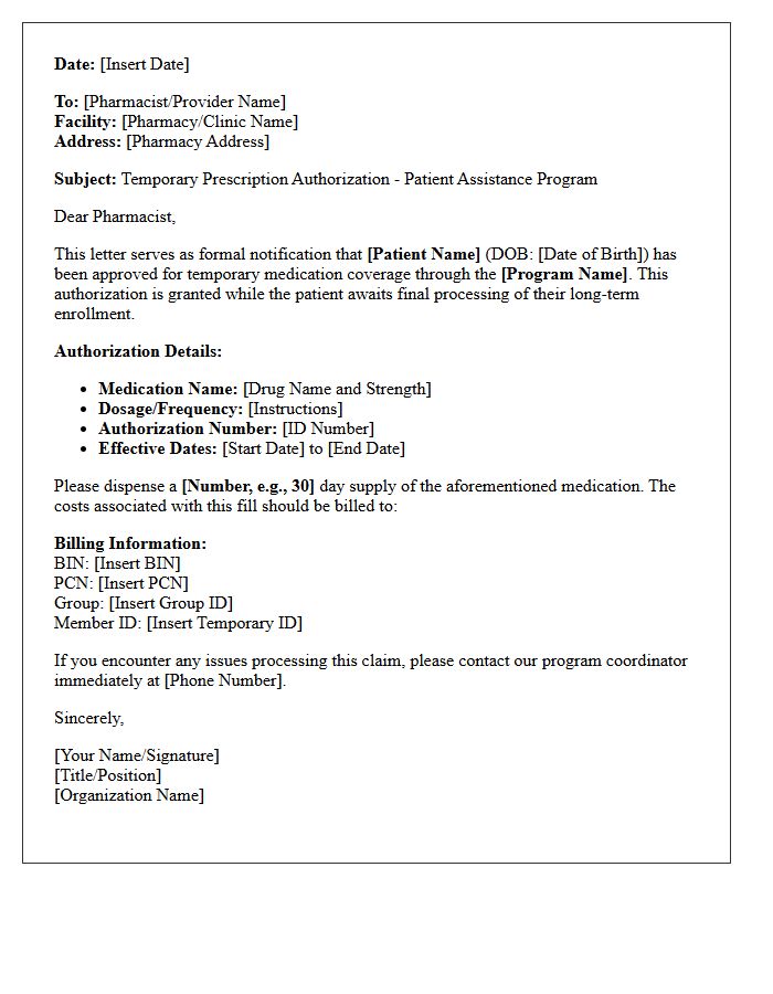 Temporary Patient Assistance Program Prescription Authorization Letter
