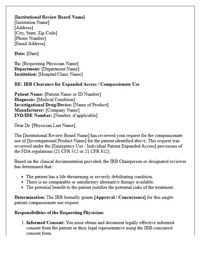 Institutional Review Board Compassionate Use Clearance Letter