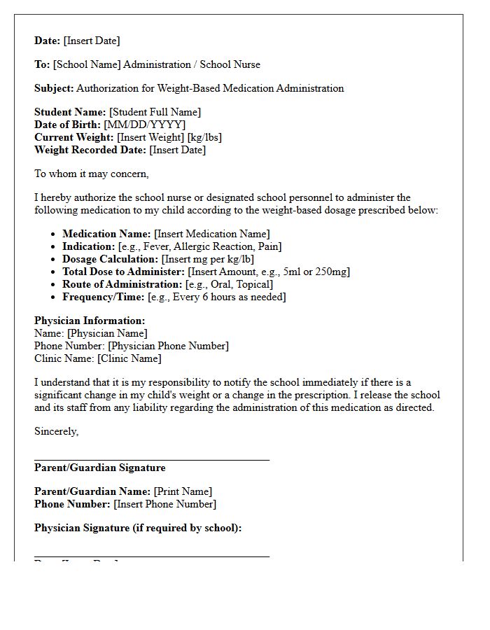 School Administration Pediatric Weight-Based Dosage Authorization Letter