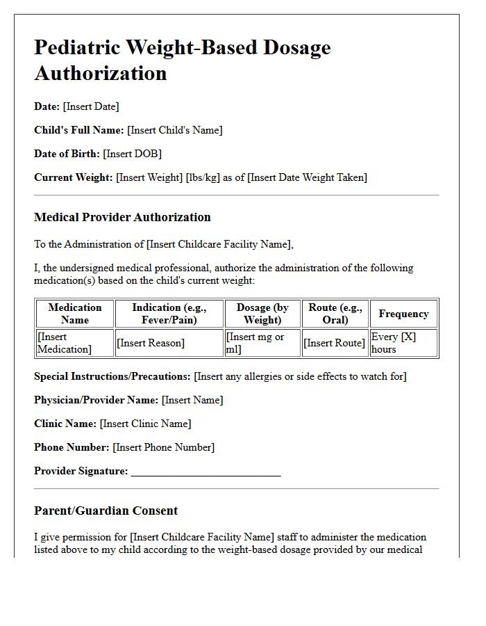 Childcare Facility Pediatric Weight-Based Dosage Authorization Letter