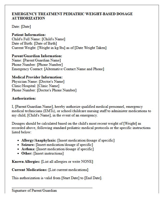 Emergency Treatment Pediatric Weight-Based Dosage Authorization Letter