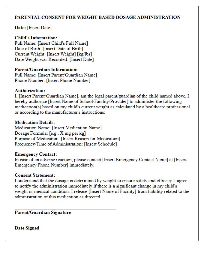 Parental Consent Pediatric Weight-Based Dosage Authorization Letter