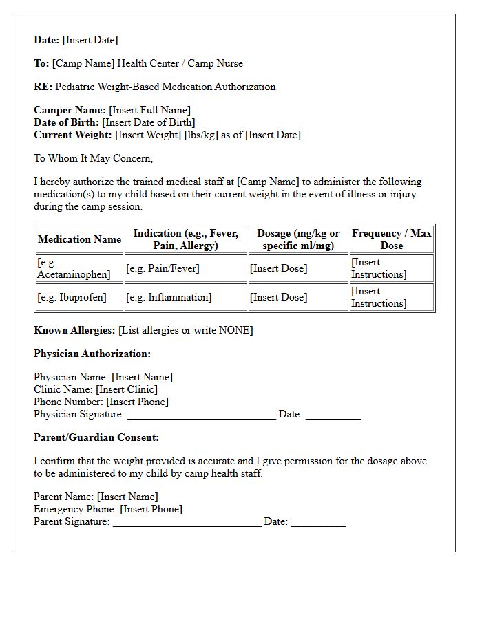 Recreational Camp Pediatric Weight-Based Dosage Authorization Letter