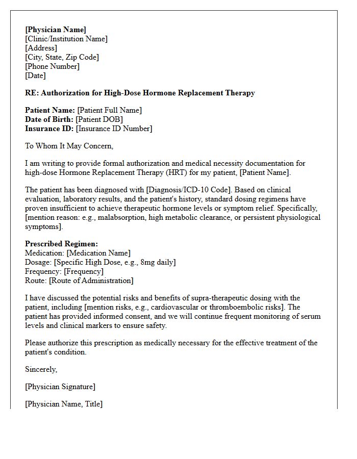 High-Dose Hormone Replacement Therapy Authorization Letter