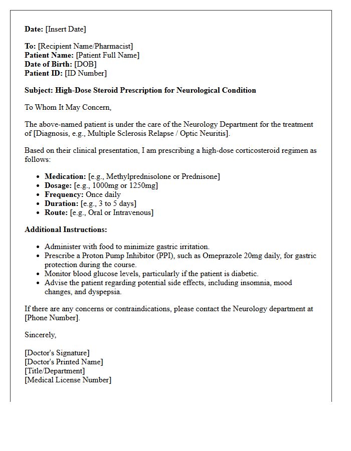 Neurology High-Dose Steroid Prescription Letter