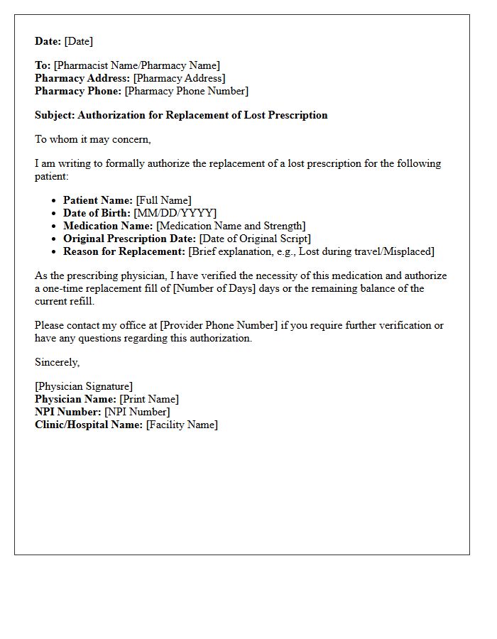 Standard Lost Prescription Replacement Authorization Letter