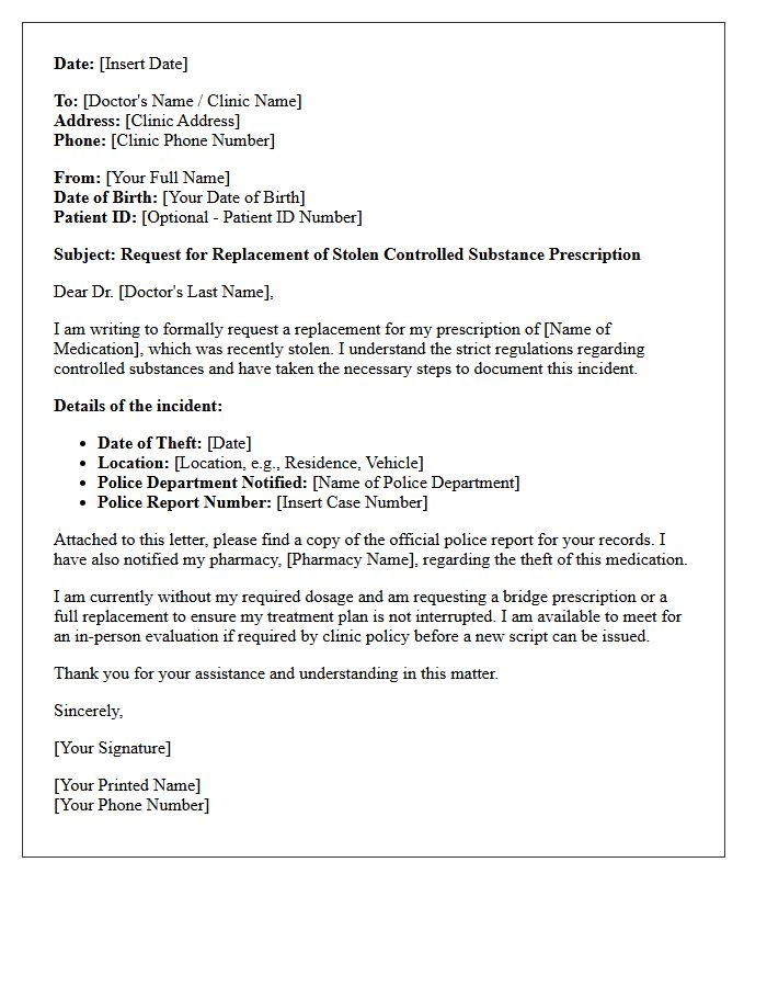 Stolen Controlled Substance Prescription Replacement Letter