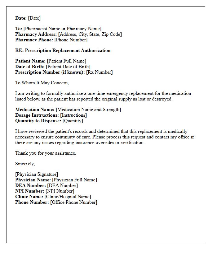 Physician Authorization Letter Regarding Lost Prescription Replacement