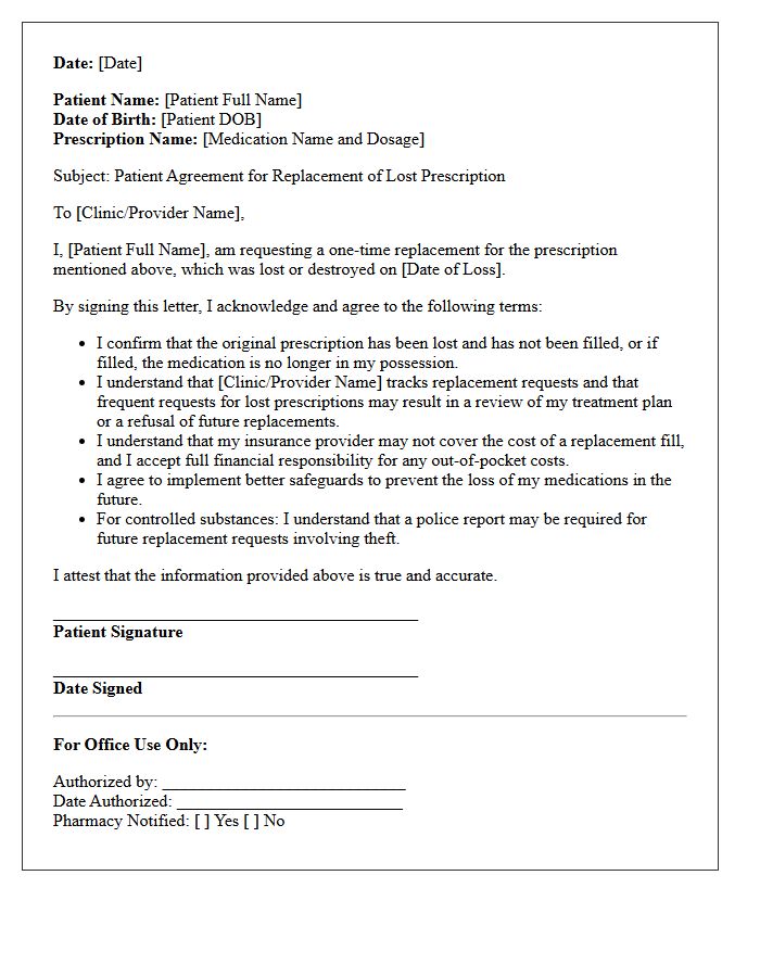 Patient Agreement Letter Confirming Lost Prescription Replacement Authorization