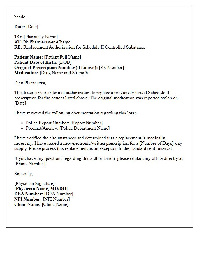 Schedule II Drug Stolen Prescription Replacement Authorization Letter