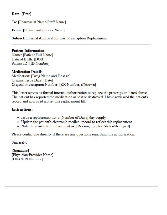 Medical Clinic Internal Letter Approving Lost Prescription Replacement