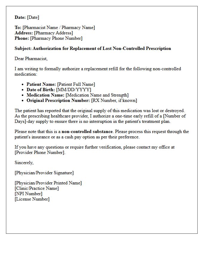 Non-Controlled Medication Lost Prescription Replacement Authorization Letter