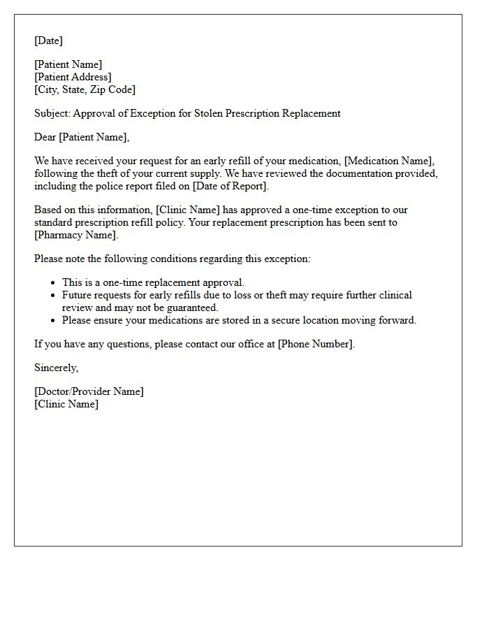 Clinic Exception Policy Letter Approving Stolen Prescription Replacement
