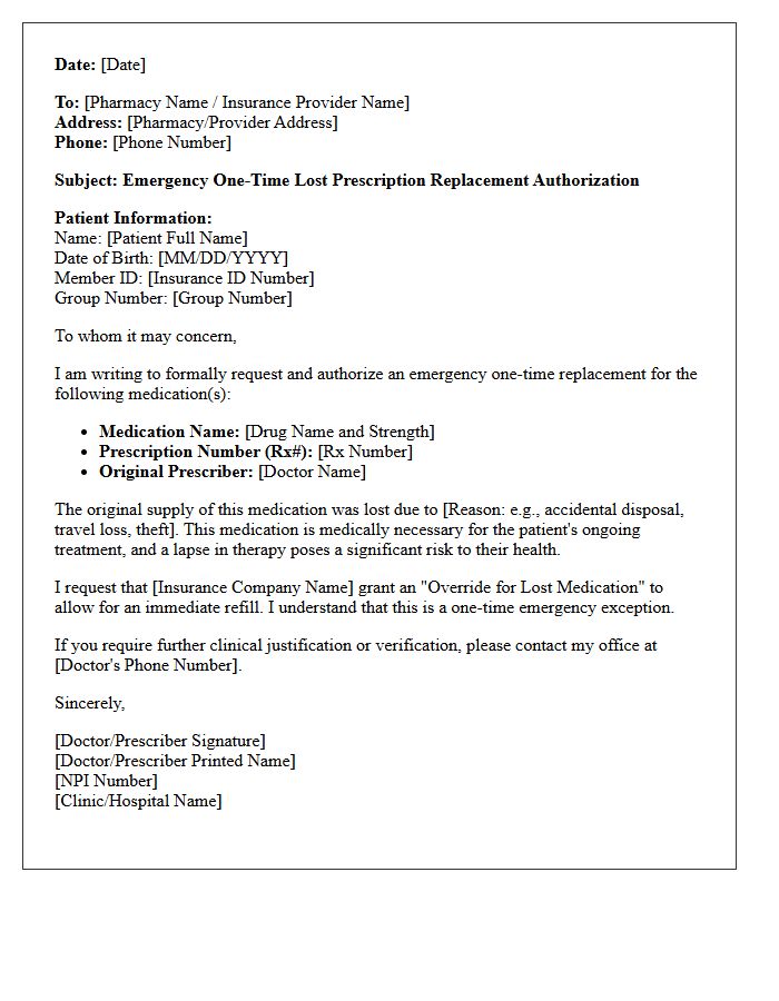 Emergency One-Time Lost Prescription Replacement Authorization Letter