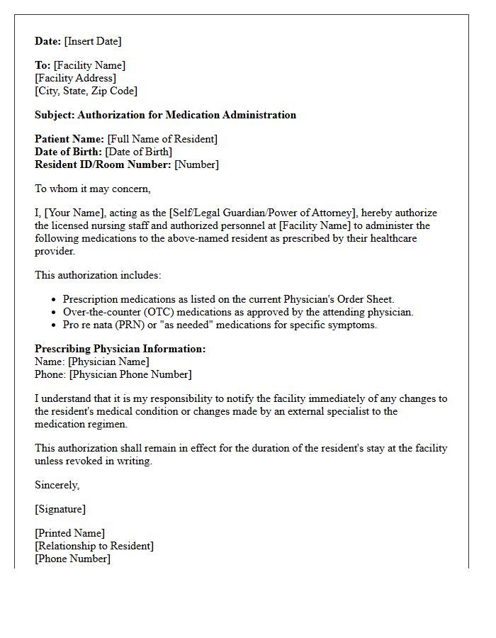 Standard Long-Term Care Facility Medication Administration Authorization Letter