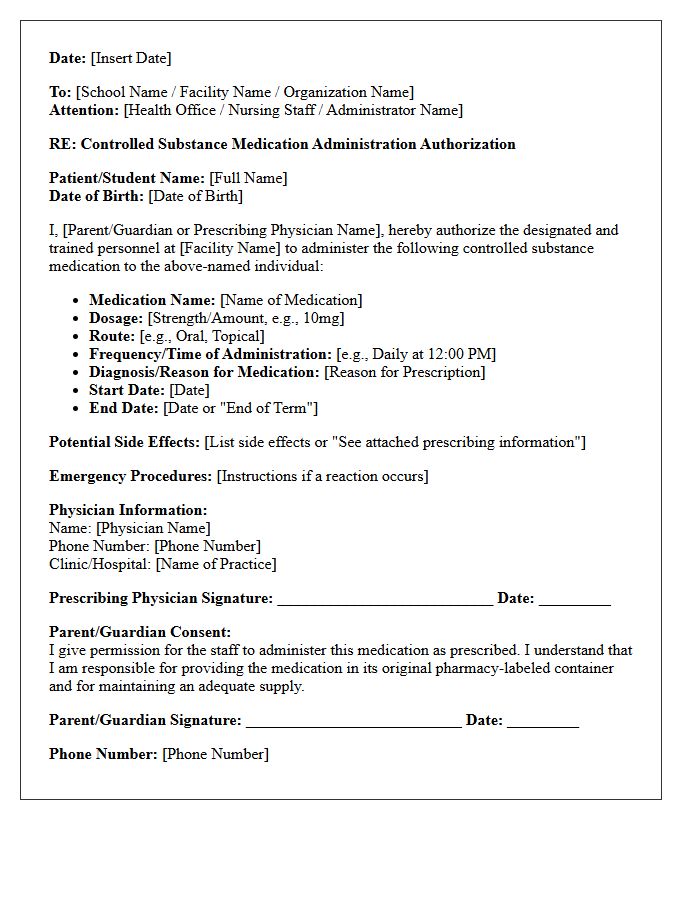Controlled Substance Medication Administration Authorization Letter