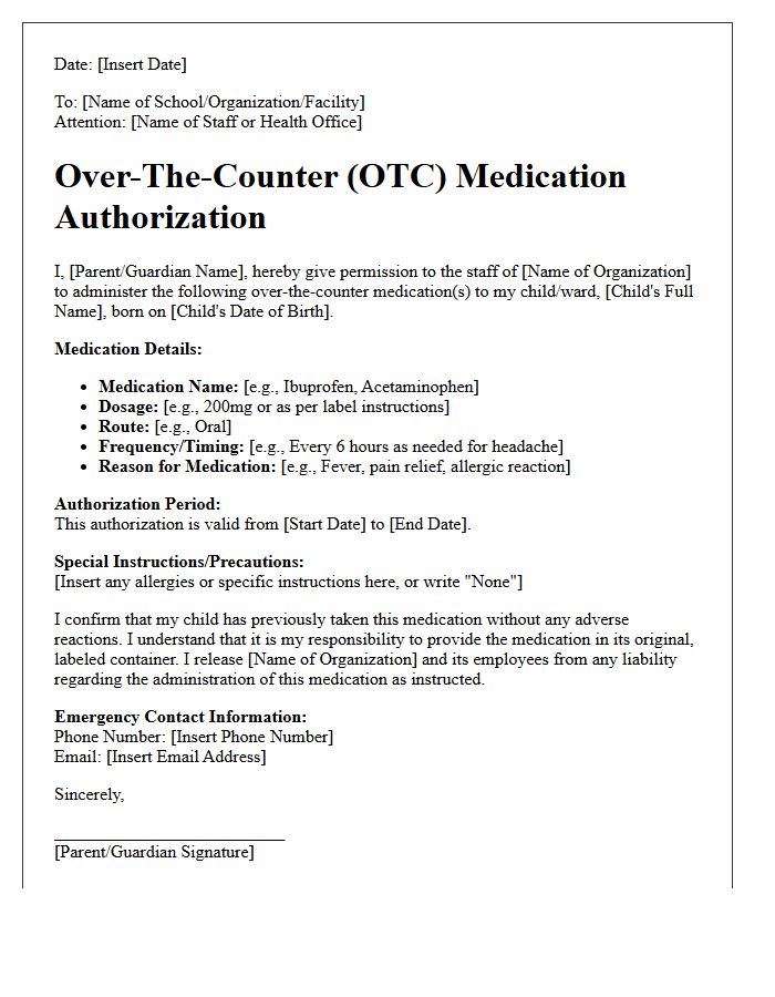Over-The-Counter Medication Administration Authorization Letter