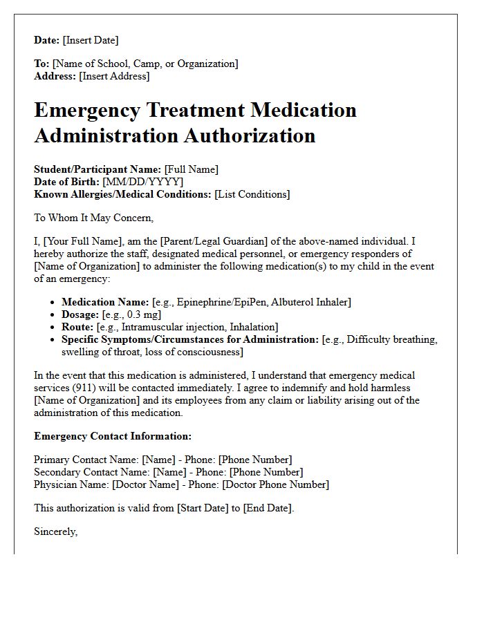 Emergency Treatment Medication Administration Authorization Letter